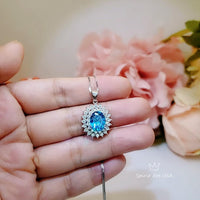 Swiss Blue Topaz Necklace - Double Gemstone Halo White Gold coated Sterling Silver High Quality 3 CT Blue Topaz Pendant #616