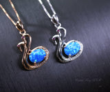 Blue Opal Necklace, Sterling Silver Fire Opal Couple Swan Pendant, Tiny Rose Gold Over Sterling Silver Bird Jewelry 1060