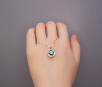 Green Emerald Necklace - Sterling Silver Princess Diana Style Sunflower Style - May Birthstone 2 Ct Lab 8mm Emerald Pendant #241