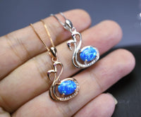 Blue Opal Necklace, Sterling Silver Fire Opal Couple Swan Pendant, Tiny Rose Gold Over Sterling Silver Bird Jewelry 1060