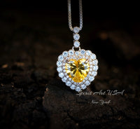 Created Yellow Moissanite Diamond Necklace - Double Halo Heart Necklace - Yellow Gemstone Pendant - 18kGP & 925 Sterling Silver 1094