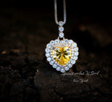Created Yellow Moissanite Diamond Necklace - Double Halo Heart Necklace - Yellow Gemstone Pendant - 18kGP & 925 Sterling Silver 1094