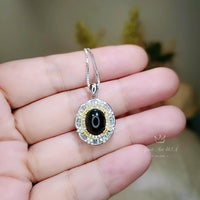 Natural Black Onyx Necklace - Sterling Silver Lotus Flower - Gold inner Circle Genuine Energy Root Chakra Black Onyx Pendant #546