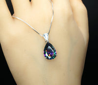 Large Teardrop Mystic Topaz Necklace - White Gold Plated Sterling Silver - Pear 6 CT Rainbow Topaz Pendant #565