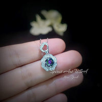 Mystic Topaz Necklace Rose Flower Style - 18kgp Sterling Silver - Dainty Round Cut Gemstone Halo Rainbow Mystic Topaz Pendant #401