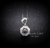 Mystic Topaz Necklace Rose Flower Style - 18kgp Sterling Silver - Dainty Round Cut Gemstone Halo Rainbow Mystic Topaz Pendant #401