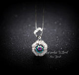 Mystic Topaz Necklace Rose Flower Style - 18kgp Sterling Silver - Dainty Round Cut Gemstone Halo Rainbow Mystic Topaz Pendant #401