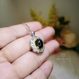 Natural Black Onyx Necklace - Sterling Silver Lotus Flower - Gold inner Circle Genuine Energy Root Chakra Black Onyx Pendant #546