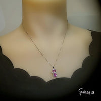 Cat Pink Tourmaline Necklace, Kitty Cat Pendant Gemstone White Gold Plated Sterling Silver Pets Lover Jewelry #213