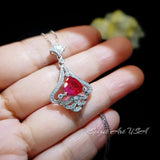 Mandolin flower Red Ruby Necklace - 1.2 ct Trillion Cut Red Ruby Pendant - White Gold coated Sterling Silver #1007