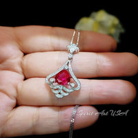Mandolin flower Red Ruby Necklace - 1.2 ct Trillion Cut Red Ruby Pendant - White Gold coated Sterling Silver #1007