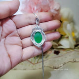Large Green Jade Necklace Diamond Crown White Gold Coated Sterling Silver Green Jade Pendant Jewelry 1046