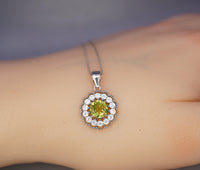 Genuine Peridot Necklace - Sterling Silver Green Peridot Flower Necklace Diamond 18k white gold 1079