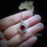 Spessartite Garnet Necklace - Teardrop Gemstone Halo Garnet Pendant - 18kgp @ Sterling Silver - January Birthstone #410