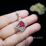 Mandolin flower Red Ruby Necklace - 1.2 ct Trillion Cut Red Ruby Pendant - White Gold coated Sterling Silver #1007