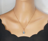 Rose Gold Coated Aquamarine Necklace - Sterling Silver Oval Cut 3 CT - March Birthstone Flower Style Solitaire Aquamarine Pendant #930