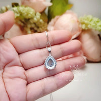 Large Teardrop Aquamarine Necklace - Sterling Silver 3 CT Blue Aquamarine Pendant March Birthstone Pink Tourmaline Halo Pear Aquamarine #528