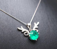 Emerald Necklace - Sterling Silver Deer Antler Necklace - 18kGP - 8 MM 2 CT Round Cut Green Emerald Jewelry #460
