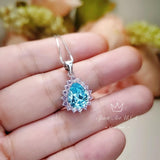 Large Teardrop Aquamarine Necklace - Sterling Silver 3 CT Blue Aquamarine Pendant March Birthstone Pink Tourmaline Halo Pear Aquamarine #528
