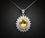 Large Genuine Citrine Necklace Diamond Halo Solitaire Natural Large 3 ct Citrine Pendant November Birthstone - 18KGP @ Sterling Silver #775