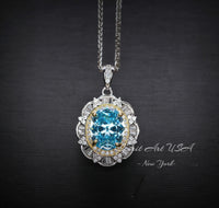 Large Aquamarine Necklace - March Birthstone - 18KGP @ Sterling Silver - Gemstone Royal Flower Style - 2.8 CT Blue Aquamarine Jewelry #722