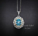 Large Aquamarine Necklace - March Birthstone - 18KGP @ Sterling Silver - Gemstone Royal Flower Style - 2.8 CT Blue Aquamarine Jewelry #722