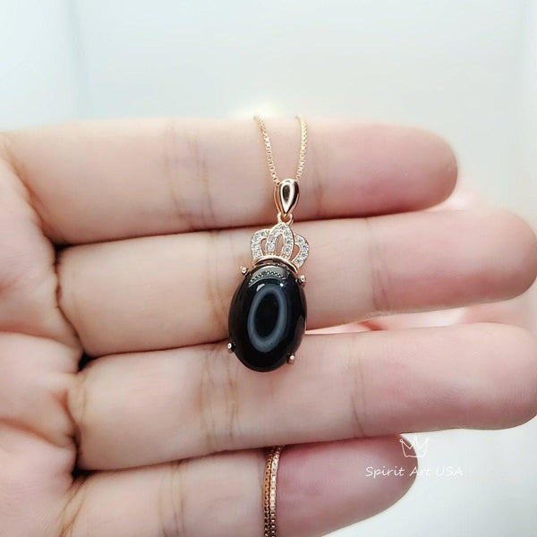 Black Onyx Necklace, Gemstone Crown Rose Gold coated 925 Sterling Silver Black Onyx Pendant Root Chakra Healing #430