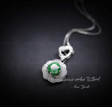 Green Diopside Emerald Necklace Rose Flower Style - 18kgp Sterling Silver - Dainty Round Cut Gemstone Halo Diopside Pendant #398
