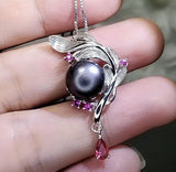 Genuine Black Pearl Necklace - 18kGP @ Sterling Silver Feather Necklace - Leaf Pendant Natural Black Pearl Jewelry 1084