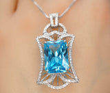 9 CT Blue Topaz Necklace - Gemstone Royal Flower Pendant - 18KGP @ Sterling Silver Radiant Rectangle Swiss Blue Topaz Jewelry #836