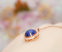 Lapis Lazuli Necklace - Rose Gold coated Sterling Silver Round Halo Gemstone Genuine Natural Blue Lapis Lazuli Pendant Jewelry #274