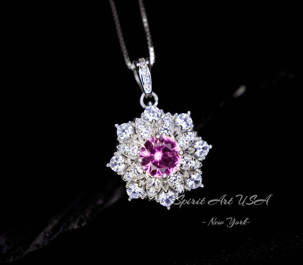 Pink Tourmaline Necklace - Diamond Flower Pendant - Dainty Pink Tourmaline Jewelry -18kgp @ Sterling Silver adjustable chain #1015