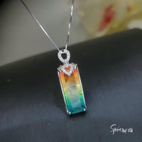 Rainbow Tourmaline Necklace Sterling Silver Rectangular Large Royal Gemstone Manmade Synthetic Water Melon Gemstone Pendant #980