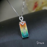 Rainbow Tourmaline Necklace Sterling Silver Rectangular Large Royal Gemstone Manmade Synthetic Water Melon Gemstone Pendant #980