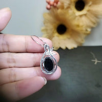 Large Black Onyx Necklace - Natural Black Agate Protective High Frequency Energy Leaf Jewelry Diamond Flower Sterling Silver 1039