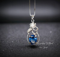Blue Sapphire Necklace - Sterling Silver Flower Pendant, Oval 3 Ct Blue Sapphire Gemstone Jewelry #391