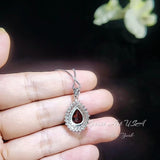 Double Halo Teardrop Garnet Necklace - 18KGP Sterling Silver - 2.75 CT Large Deep Red Garnet Pendant - Gemstone Pear Jewelry #684