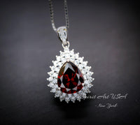 Double Halo Teardrop Garnet Necklace - 18KGP Sterling Silver - 2.75 CT Large Deep Red Garnet Pendant - Gemstone Pear Jewelry #684