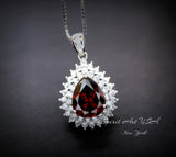 Double Halo Teardrop Garnet Necklace - 18KGP Sterling Silver - 2.75 CT Large Deep Red Garnet Pendant - Gemstone Pear Jewelry #684