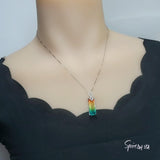 Rainbow Tourmaline Necklace Sterling Silver Rectangular Large Royal Gemstone Manmade Synthetic Water Melon Gemstone Pendant #980
