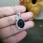 Large Black Onyx Necklace - Natural Black Agate Protective High Frequency Energy Leaf Jewelry Diamond Flower Sterling Silver 1039