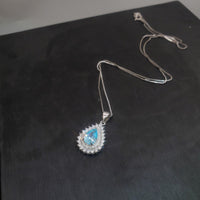 Teardrop Aquamarine Necklace Double CZ stone Circle Tiny March Birthstone Blue Aquamarine Pendant #151