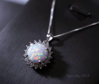 Rose Gold Opal Necklace Gemstone Halo Sunflower White Opal Pendant Sterling Silver Princess Diana Style Jewelry #209