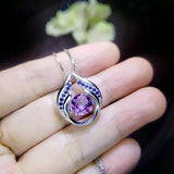 Genuine Amethyst Necklace - Hold Your Heart Pendant - 18KGP @ Sterling Silver - Blue Sapphire Style - Round Cut Natural Amethyst Pendant 700