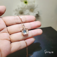 Round Aquamarine Necklace - Rose Gold Square Blue Stone Pendant - Solitaire 8 mm Blue Aquamarine Jewelry #140