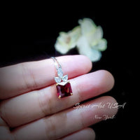 Pigeon Blood Ruby Necklace - Square Scisson Cut Red Ruby Pendant - 18KGP Sterling Silver Floral Design Three petal flower #412