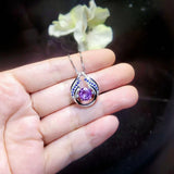 Genuine Amethyst Necklace - Hold Your Heart Pendant - 18KGP @ Sterling Silver - Blue Sapphire Style - Round Cut Natural Amethyst Pendant 700