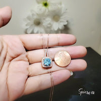 Round Aquamarine Necklace - Rose Gold Square Blue Stone Pendant - Solitaire 8 mm Blue Aquamarine Jewelry #140