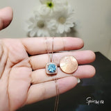Round Aquamarine Necklace - Rose Gold Square Blue Stone Pendant - Solitaire 8 mm Blue Aquamarine Jewelry #140
