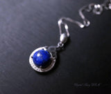 Lapis Lazuli Necklace - 18KGP @ Sterling Silver The Sacred Fire Flame Necklace Dainty Natural Blue Lapis Pendant - Round Halo Solitaire #343